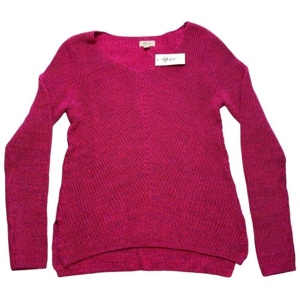 Style & Co Sweater Top Women's SMALL Red Pink Purple V-Neck Oversize Relaxed NEW - Picture 3 of 9